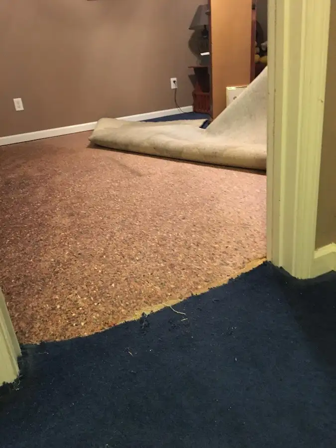 Carpet pad removal revealing water damage during Drying & Dehumidification in West Jefferson